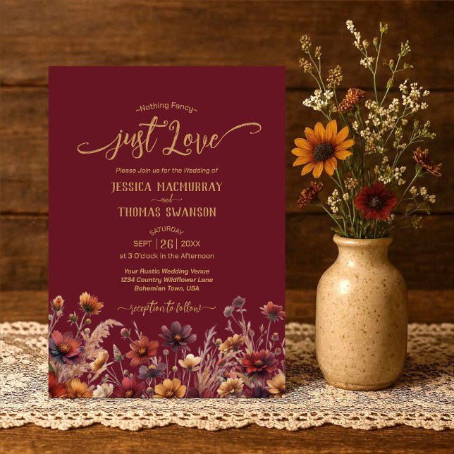 Invitation Just Love Rustique Bourgogne Bohème Fleurs de Mari (Créateur téléchargé)