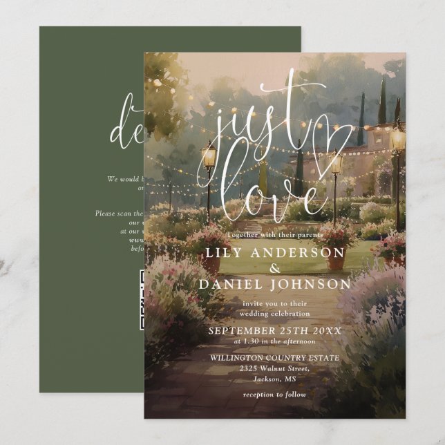 Invitation Just Love Rustique Jardin Mariage Code QR (Devant / Derrière)