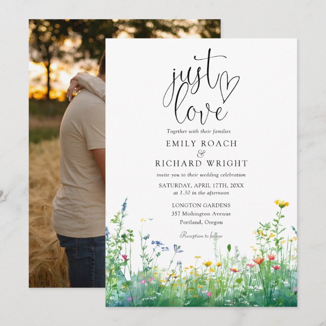 Invitation Just Love Script Wildflowers Floral Photo Mariage (Devant / Derrière)