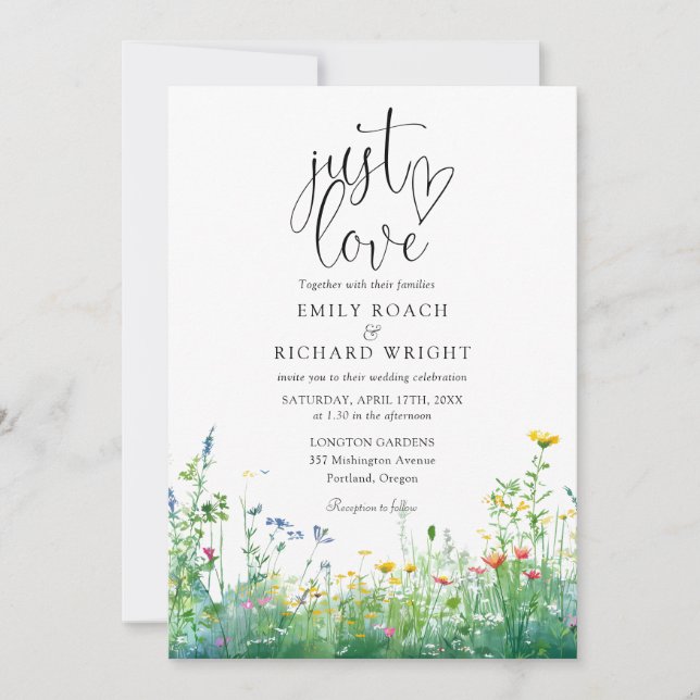 Invitation just Love Script Wildflowers Florale Mariage (Devant)
