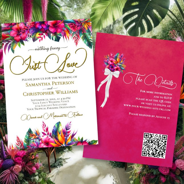 Invitation Just Love Tropical Garden Floral QR Code Mariage (Front/Back)