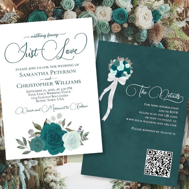 Invitation Just Love Turquoises Roses Boho Floral QR Code Mar (Front/Back)