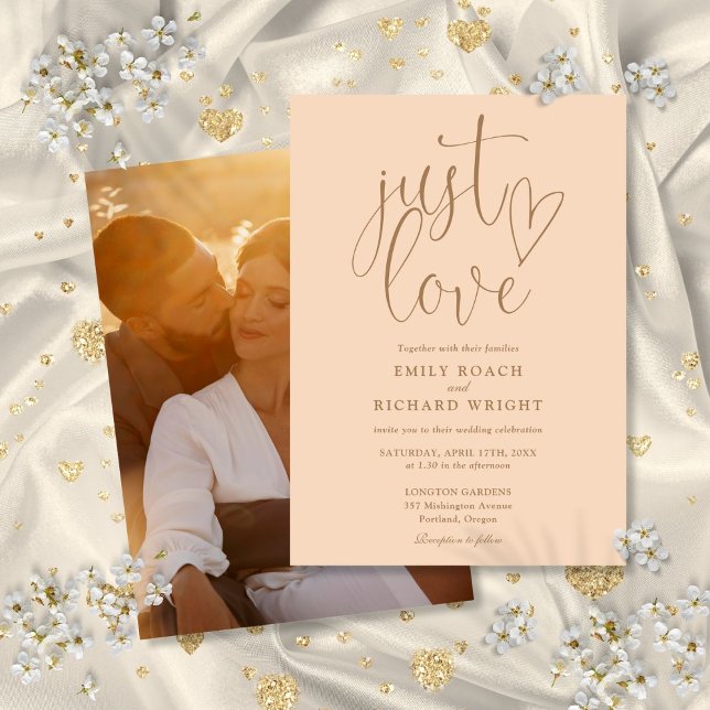 Invitation Juste amour élégant script photo pêche douce maria (Just Love Elegant Script Photo Soft Peach Wedding Invitation)
