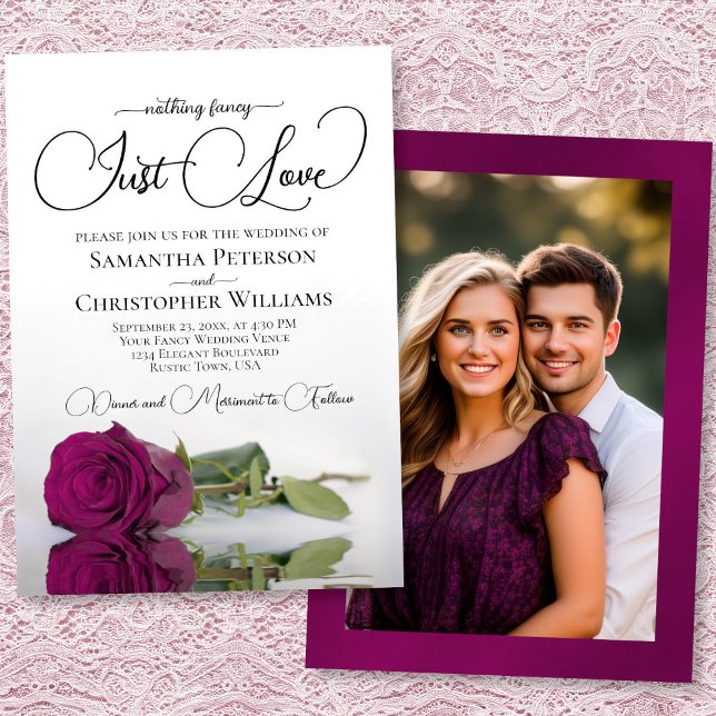 Invitation Juste Amour Magenta Berry Rose Photo Dos Mariage (Front/Back)