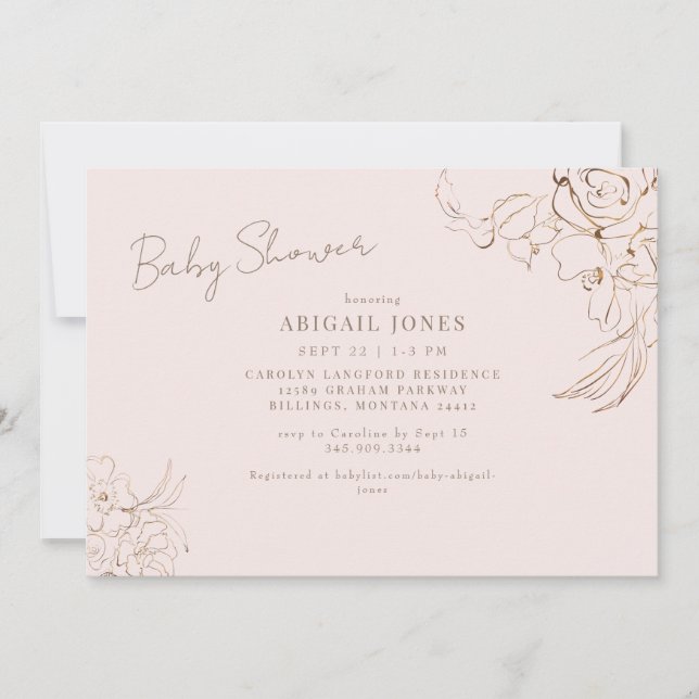 Invitation Juste nous Filles Blush & Gold Baby shower Floral (Devant)