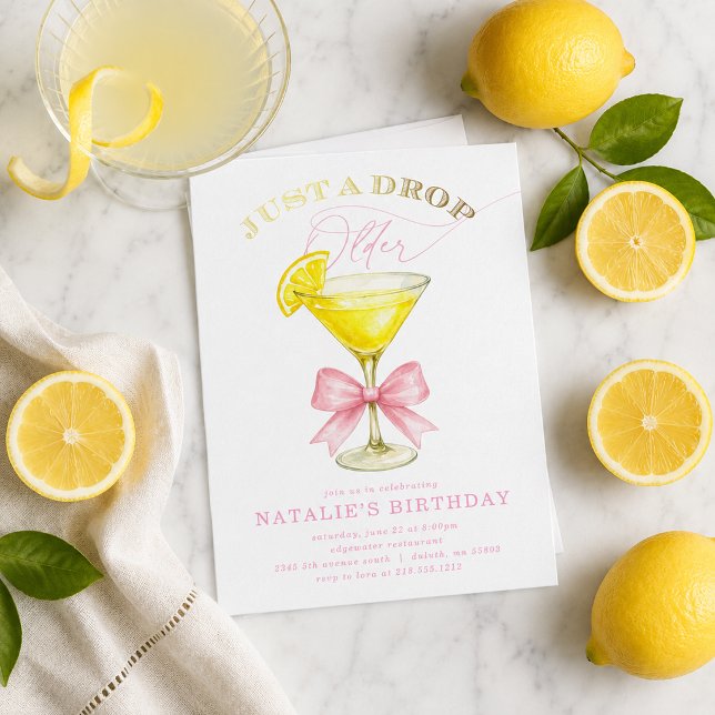 Invitation Juste une goutte de plus âgée Lemon Drop Rose Anni (Just a Drop Older Lemon Drop Pink Bow Birthday Invitation)