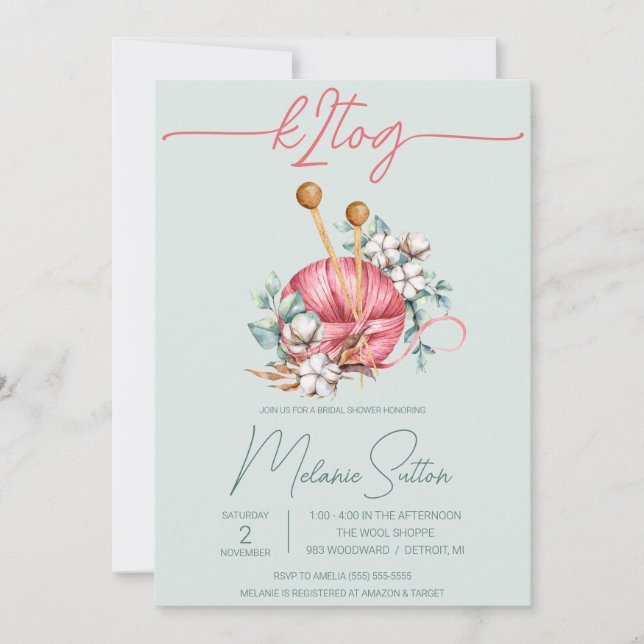 Invitation k2tog, Fête des mariées de Tricot en coton bleu et (Devant)