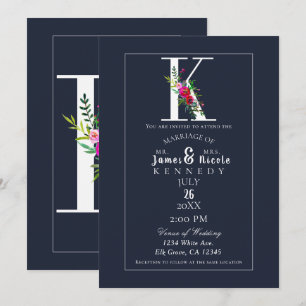 Invitation K Monogramme Initiale Moderne Fleurs Bleues Mariag