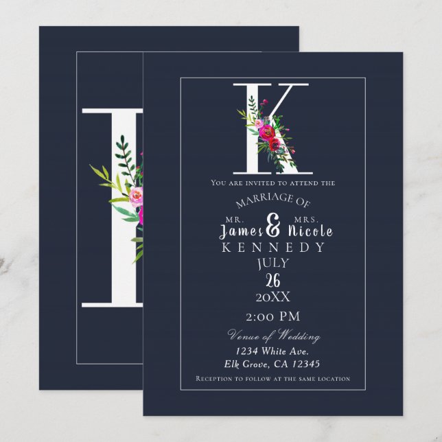 Invitation K Monogramme Initiale Moderne Fleurs Bleues Mariag (Devant / Derrière)