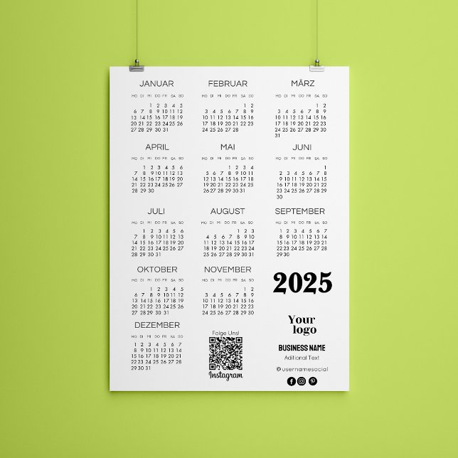 Invitation Kalender Deutsch 2025 Calendrier complet année Qr  (Kalender Deutsch 2025 Full Year Calendar Qr Code Invitation)