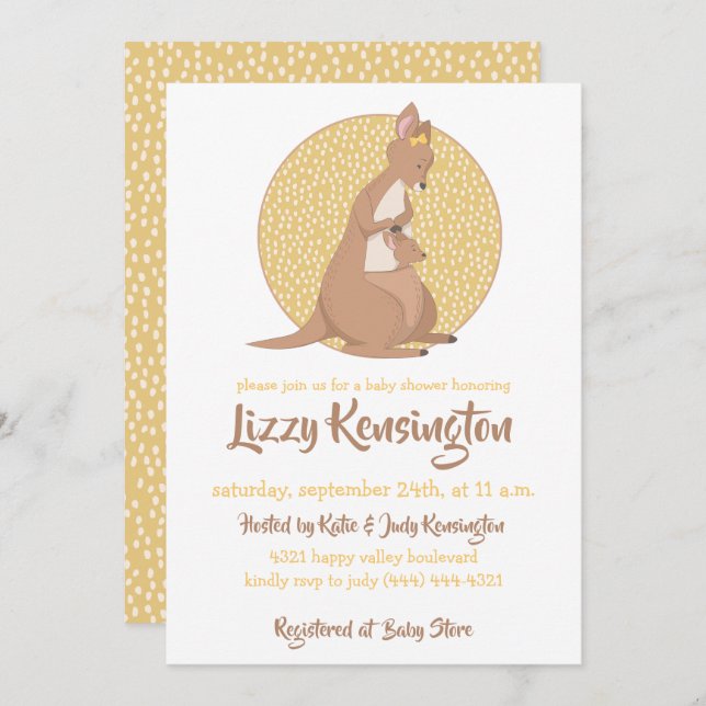 Invitation Kangaroo Baby shower Jaune Neutre Genre (Devant / Derrière)
