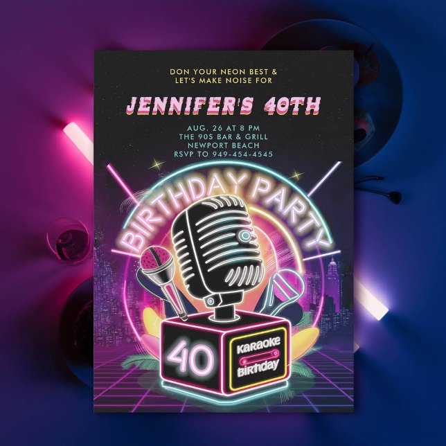 Invitation Karaoke 90s Neon Glow Millennial 40e anniversaire (karaoke neon glow 40th birthday invitation 90s millennial arcade)