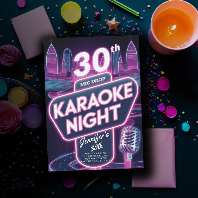 Invitation Karaoké adulte 90s Neon rose brillant 30e annivers (90s neon glow arcade pink birthday invitation for women millennial y2k)