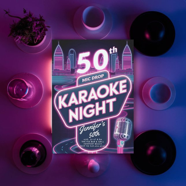 Invitation Karaoke adulte 90s Neon rose brillant 50e annivers (90s neon glow arcade pink50th  birthday invitation for women y2k)