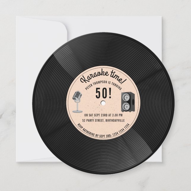 Invitation Karaoké Anniversaire Musique Disque Vinyle Rétro  (Devant)