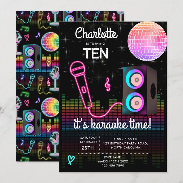 Invitation Karaoke Neon Glow Singing Disco Party Birthday (Devant / Derrière)
