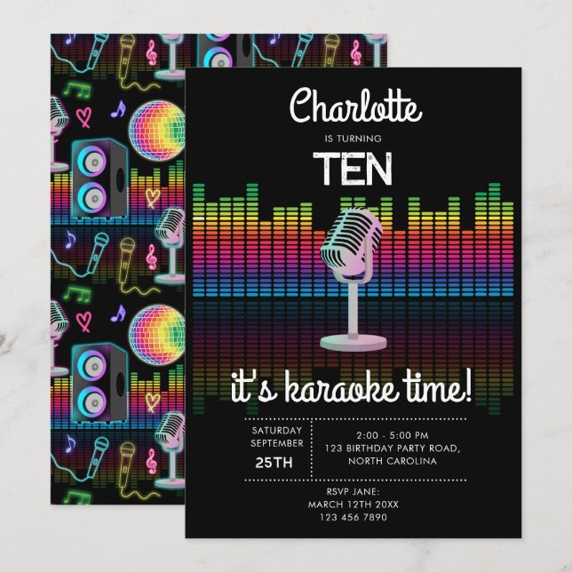 Invitation Karaoke Neon Glow Singing Music Party Birthday (Devant / Derrière)