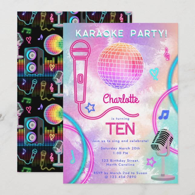 Invitation Karaoke Neon Glow  Tie Dye Birthday Party  (Devant / Derrière)
