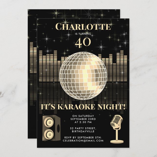 Invitation Karaoke Night Black Gold 40th Disco Birthday Party (Devant / Derrière)