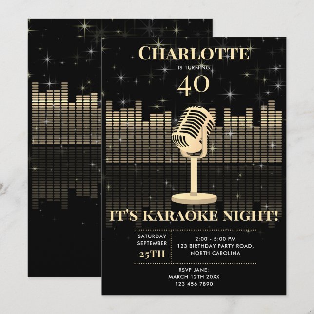 Invitation Karaoke Night Black Gold Singing Birthday Party (Devant / Derrière)