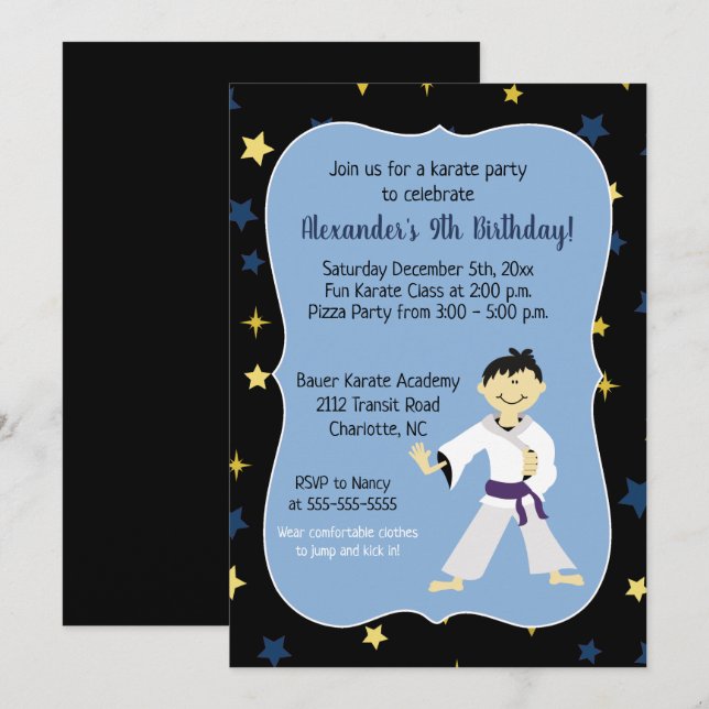 Invitation Karate de garçon Anniversaire Ceinture violette Ch (Devant / Derrière)