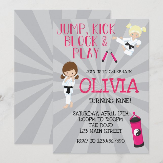 Invitation Karate Girl Rose Arts Martiaux Anniversaire (Devant / Derrière)