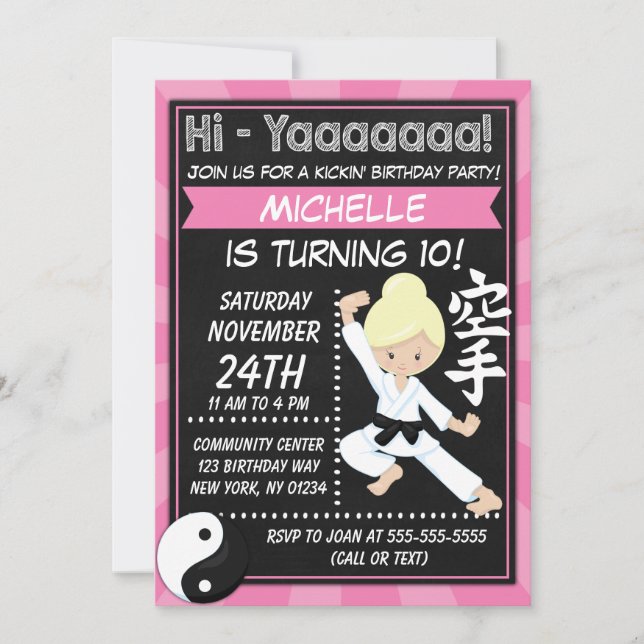 Invitation Karate Party Blond Hair Girl Anniversaire de enfan (Devant)