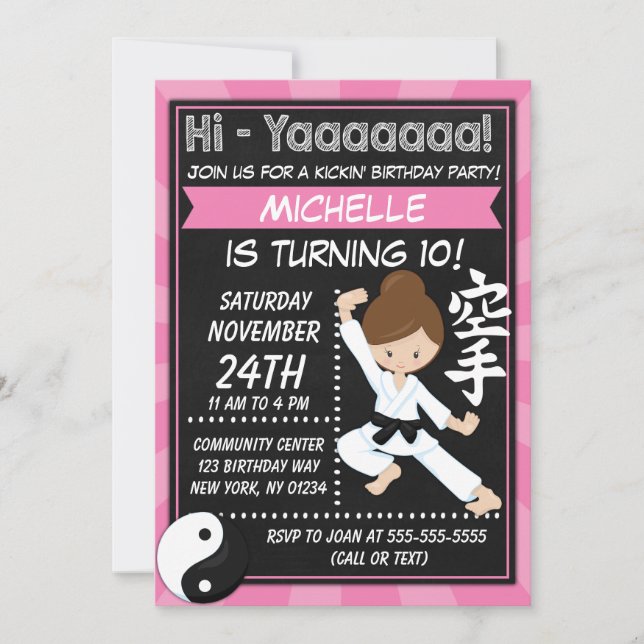 Invitation Karate Party Brown Hair Girl Anniversaire de enfan (Devant)