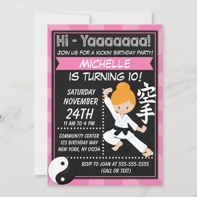 Invitation Karate Party Red Hair Girl Anniversaire de enfant  (Devant)
