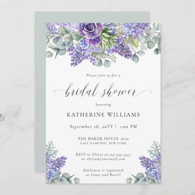 Invitation Katherine Elegant Floral Lavender Fête des mariées (Devant / Derrière)