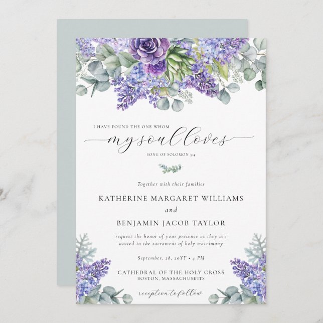 Invitation Katherine Floral Lavender Mariage catholique (Devant / Derrière)