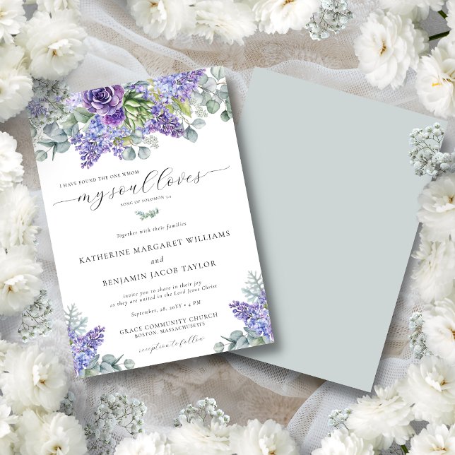 Invitation Katherine Purple Floral Christian Faith Mariage (Katherine Christian wedding invitation with purple succulents and eucalyptus greenery.)