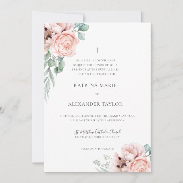 Invitation Katrina Boho Watercolor Fleurs Mariage catholique (Devant)