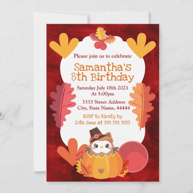Invitation Kawaii Aquarelle Thanksgiving Chouette Anniversair (Devant)