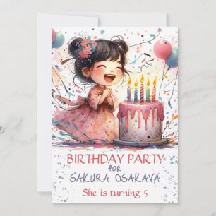 Invitation Kawaii Asian girl 5e Anniversaire gâteau nom des c