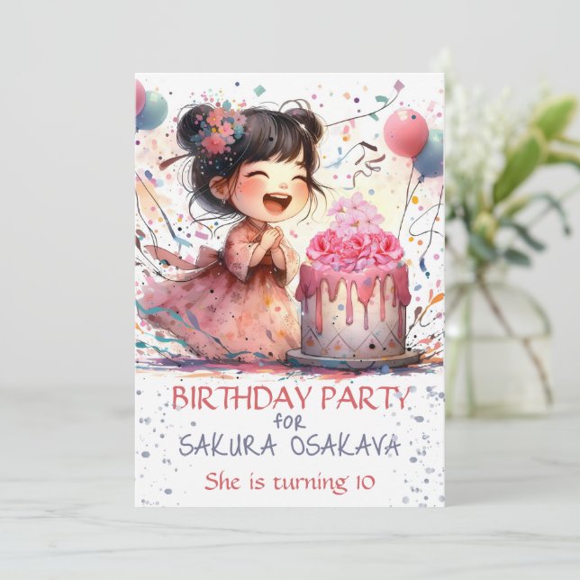 Invitation Kawaii Asiatique fille Anniversaire Gâteau floral  (Debout devant)