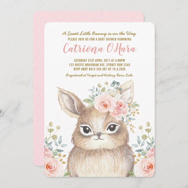 Invitation Kawaii Baby shower Floral Rose Bunny Bunny Woodlan (Devant / Derrière)