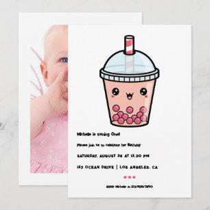 Invitation Kawaii Boba Tea Photo de la fête d'anniversaire
