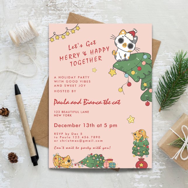 Invitation Kawaii Chat Mignon & Arbre de Noël (Kawaii Cute Cat & Christmas Tree Invitation)