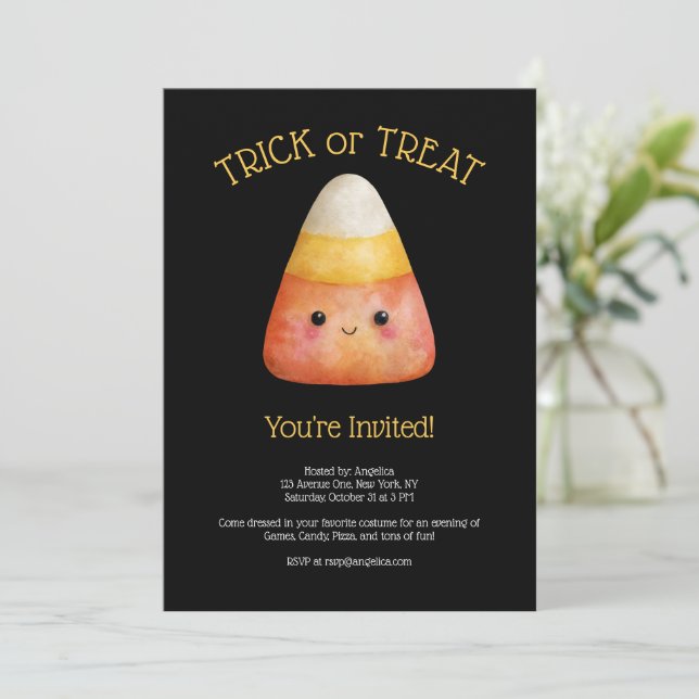 Invitation Kawaii Cute Candy Corn Kid Halloween Party (Debout devant)