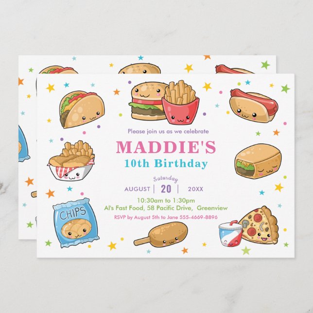 Invitation Kawaii Cute Fast Food Party Fille Anniversaire (Devant / Derrière)