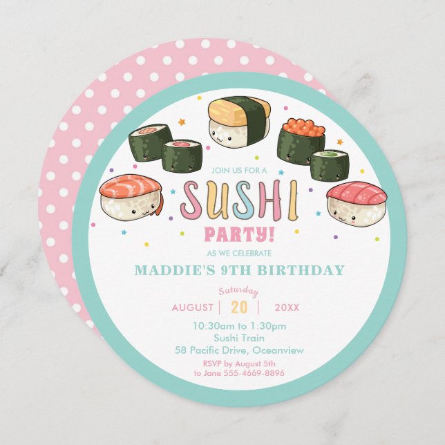 Invitation Kawaii Cute Sushi Party Fille Anniversaire (Devant / Derrière)