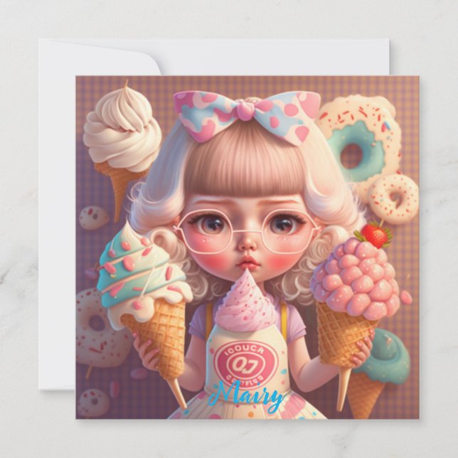 Invitation Kawaii fille mignonne avec des glaces (Devant)