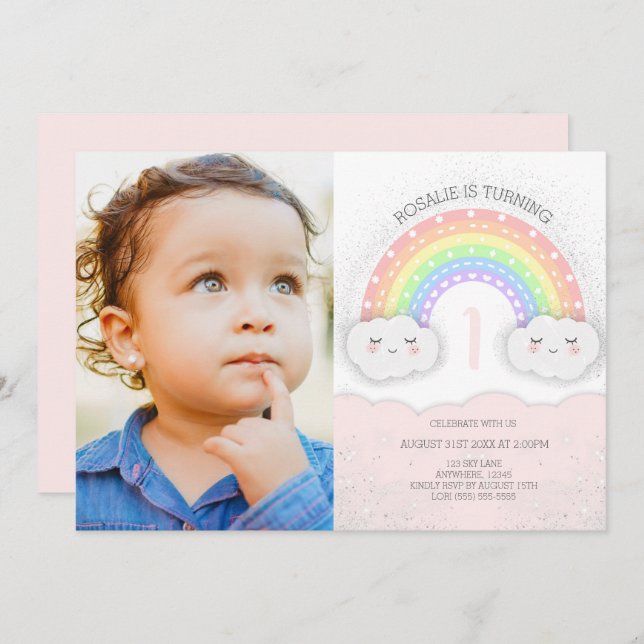 Invitation Kawaii Rainbow & Clouds Girl Birthday Photo (Devant / Derrière)