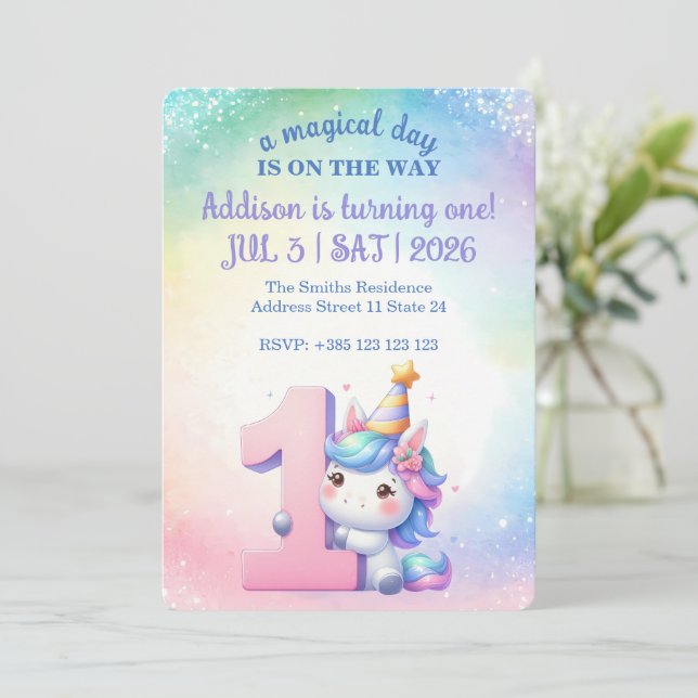 Invitation Kawaii Rainbow Unicorn 1er anniversaire (Debout devant)
