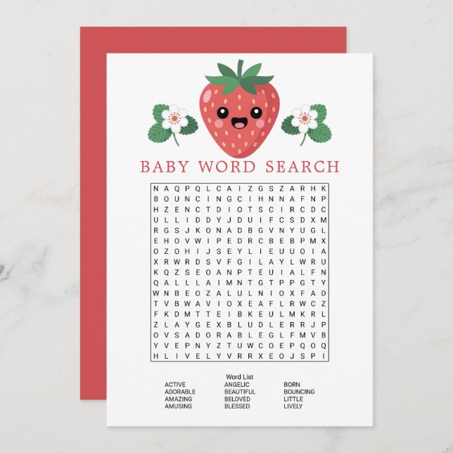 Invitation Kawaii Strawberry Baby Shower Word Search Game (Devant / Derrière)