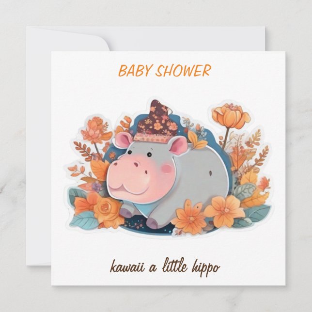 invitation kawaii un petit baby shower hippo (Devant)