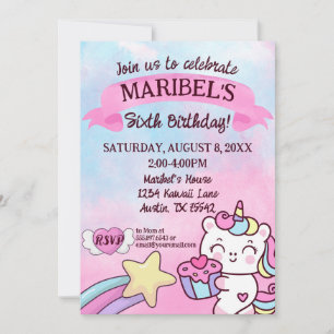 Invitation Kawaii Unicorn Arc-en-ciel bleu rose Anniversaire