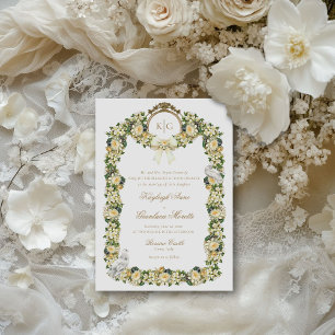 Invitation Kayleigh Vintage Jaune Or Crest Floral Mariage