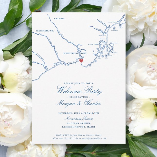 Invitation Kennebunkport Maine Élégante soirée de bienvenue d (Kennebunkport Maine Wedding Welcome Party Invitations with elegant navy blue map )